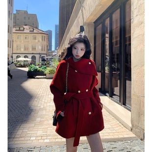 圣诞红赫本风毛呢斗篷大衣女秋冬季加厚新年战袍高级感呢子外套潮