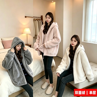 仿羊羔毛皮草连帽外套女秋冬可爱兔耳朵学院风宽松毛茸茸棉服大衣