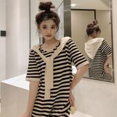 套头宽松显瘦减龄长裙 短袖 通勤风披肩侧开叉连帽条纹针织衫 女夏季