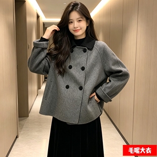 灰色短款呢子大衣女秋冬娃娃领复古加厚小个子韩系赫本风毛呢外套
