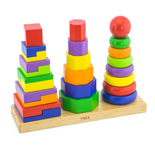 几何形状配对幼儿童早教启蒙益智力玩具托育颜色三支积木柱VIGA