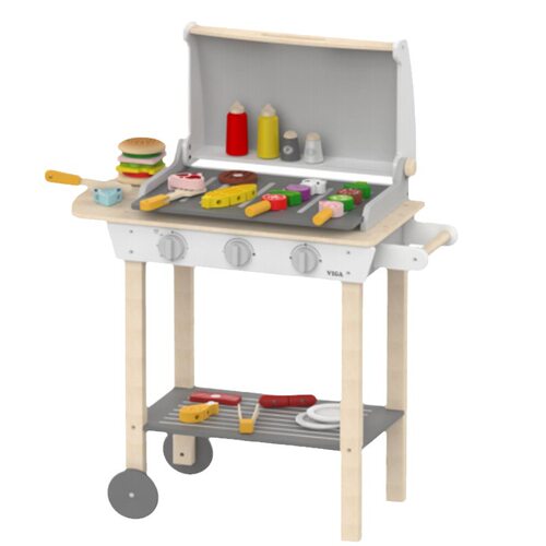 儿童烧烤台木制厨房玩具过家家仿真BBQ移动烧烤架做饭礼物VIGA