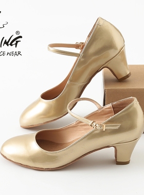 TING陈婷 新疆舞鞋低帮民族舞蹈鞋维族跟鞋粗中跟跳舞鞋金银色 女