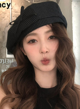 CUNCY日系格纹蝴蝶结贝雷帽子女款2026新款春夏季文艺百搭画家帽