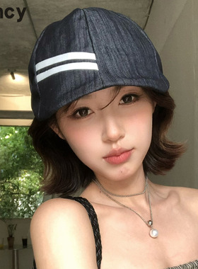 CUNCY日系文艺条纹前进帽夏季帽子女款时尚显脸小反戴鸭舌贝雷帽