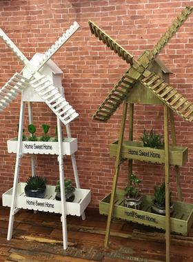 落地木质风车阳台软装橱窗花架