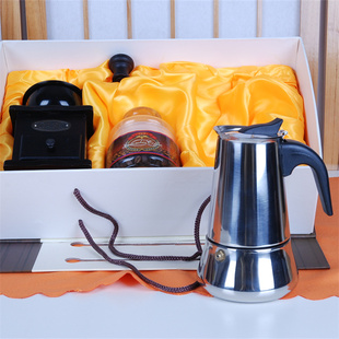 欧卡瑞不锈钢4人摩卡壶和手摇磨豆机配置玻璃咖啡罐60g新鲜豆或粉