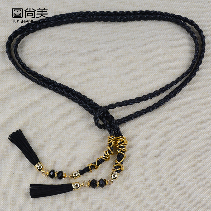 新款时尚pu皮编织装饰腰带女百搭连衣裙韩风衣配饰流苏腰绳细腰链
