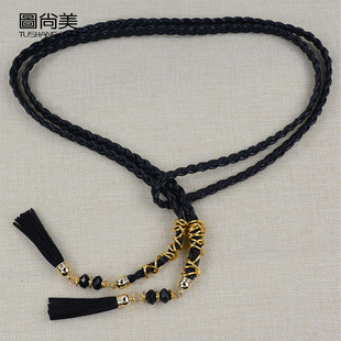 饰腰带女百搭连衣裙韩风衣配饰流苏腰绳细腰链 pu皮编织装 新款 时尚