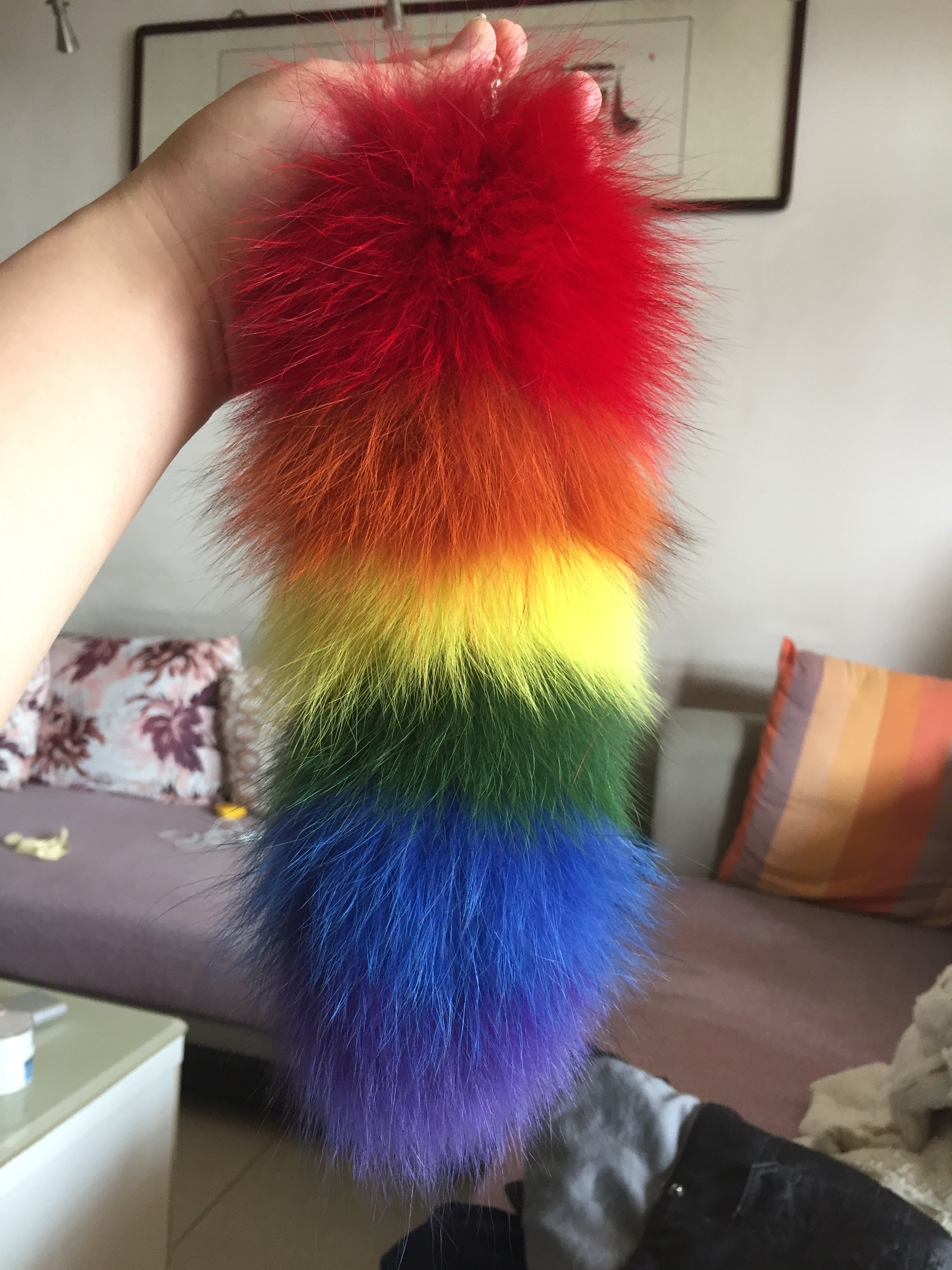 新款时尚拼色狐狸毛挂件包包简约洋气毛绒皮草整皮七彩虹尾巴挂饰