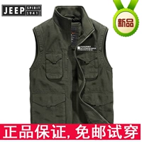 JEEP Jeep vest nam cổ áo mùa xuân và mùa thu cotton XL lỏng nhiều túi không tay áo vest chụp ảnh - Dệt kim Vest áo len không tay nam