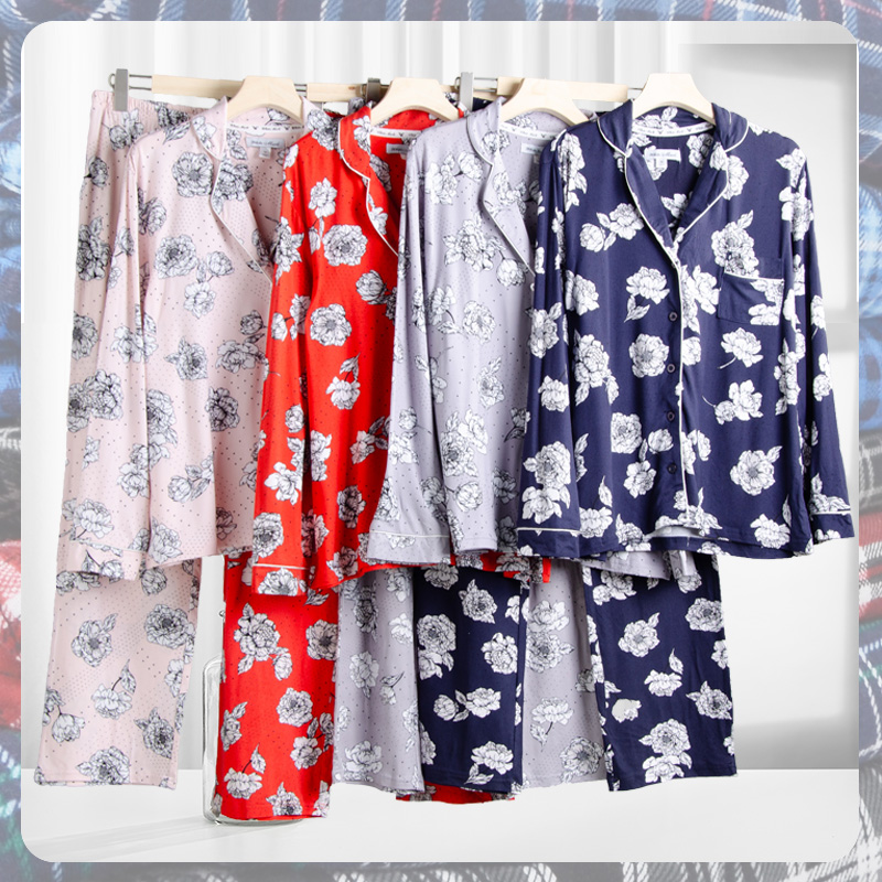 外贸女士牛奶丝睡衣套装印花