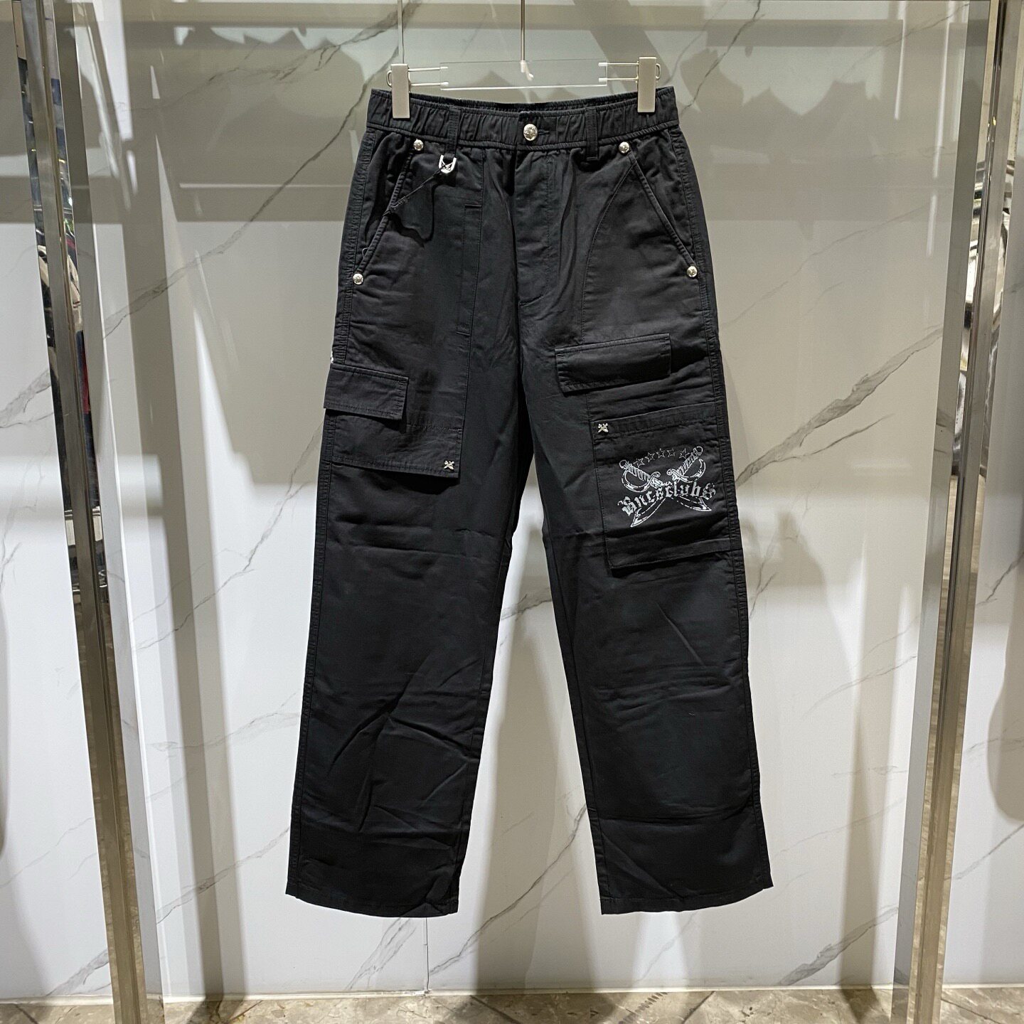 Dartin Bonaparto 春夏款双刀骷髅头logo字母印花男士直筒休闲裤
