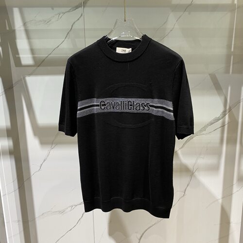 Cavalli Class男装 26秋冬logo字母刺绣条纹男士羊毛针织短袖T恤