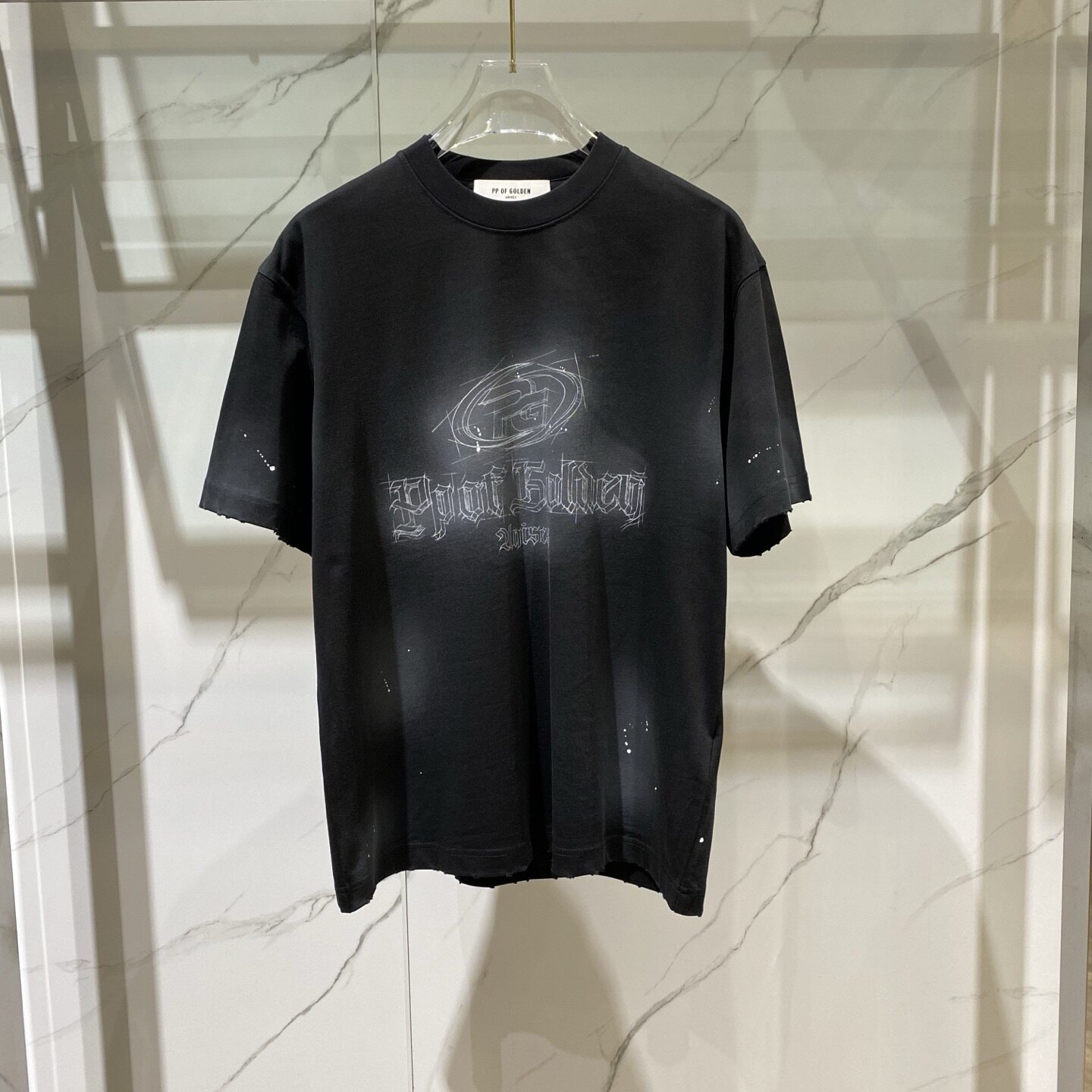 PP OF GOLDEN 26春夏新款logo字母漆点印花做旧时尚男士短袖T恤