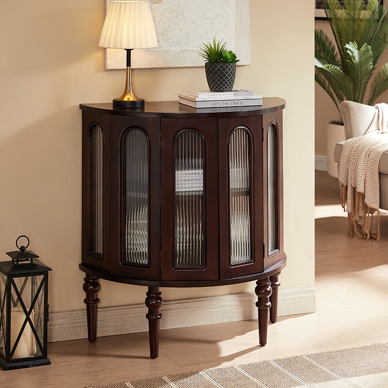 玄关柜美式复古餐边柜全实木客厅玻璃展示柜半圆玄关台装饰储物柜