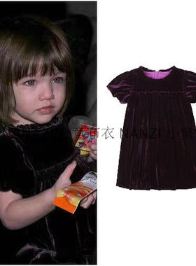 童装 高贵 紫色 天鹅绒 法式 宫廷袖 高胸线 自由裥 连衣裙子