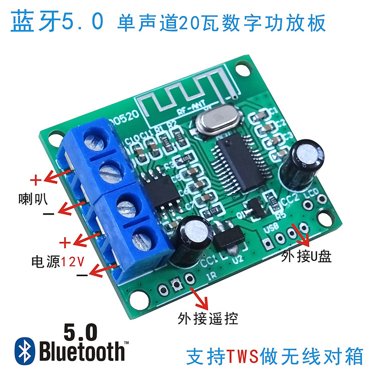 华城声蓝牙5.0单声道20瓦TWS对箱有源吸顶壁挂音箱工程音响功放板