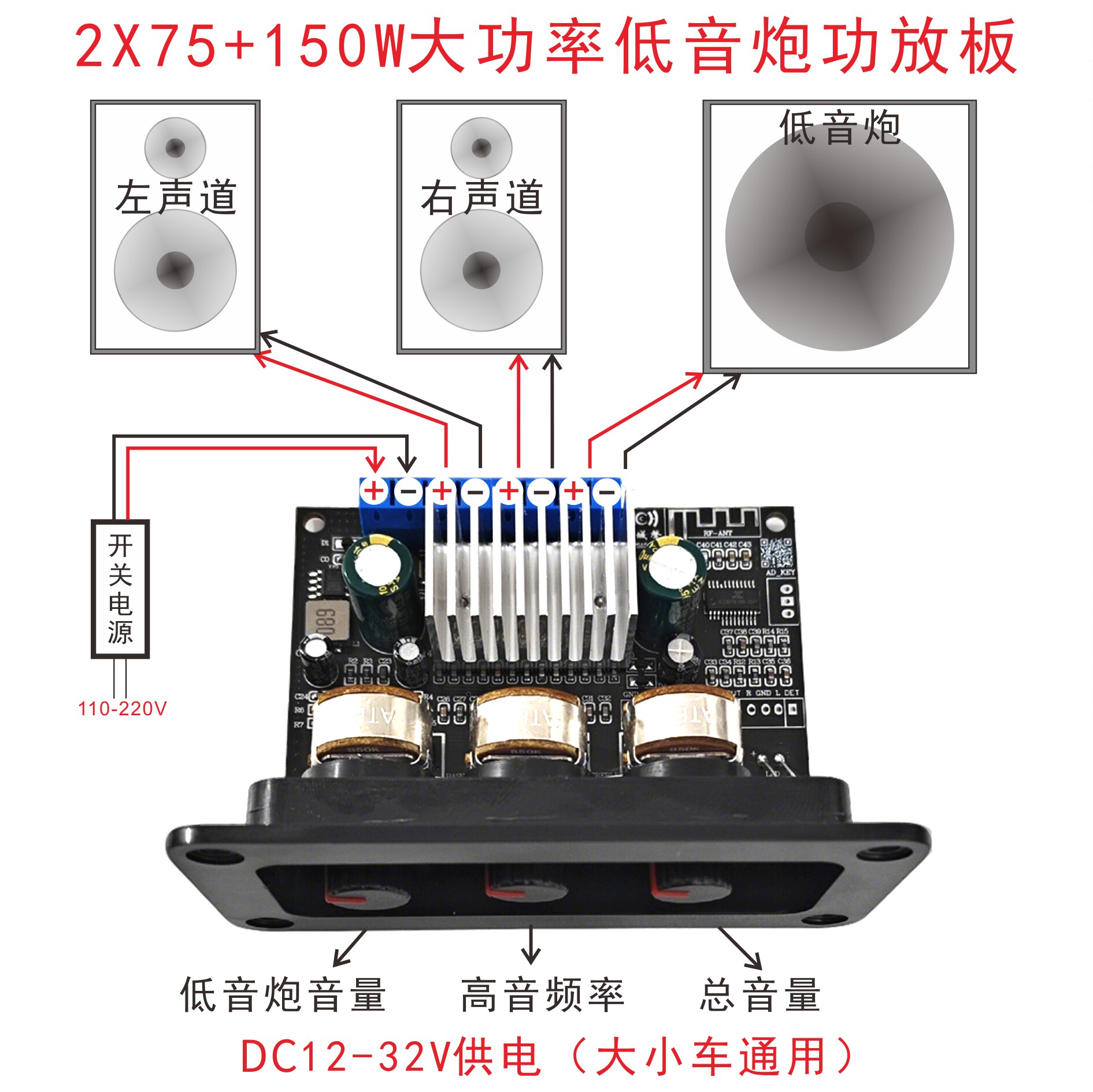 300W大功率高保真2.1低音炮蓝牙功放板2*75+150W电压DC12-32V供电