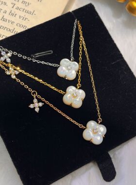 新款许愿池天然贝母四叶花项链复古轻奢显白高级感花朵锁骨链