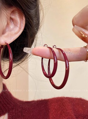 秋冬款安可拉红色耳圈耳环女个性百搭气质夸张大圆圈耳钉耳饰