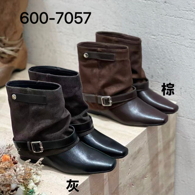 诗路花语七彩青春2026秋冬款真皮中筒靴堆堆靴女鞋短靴子600-7057