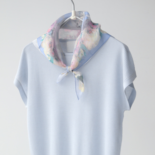 天丝棉桑蚕丝透气针织短袖 T恤 女士85支蓝色系简约薄款 春夏季