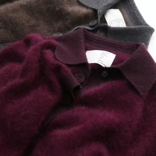 孤品秋冬女士短款拉绒拉毛气质款衬衫领羊绒针织开衫毛衣外套