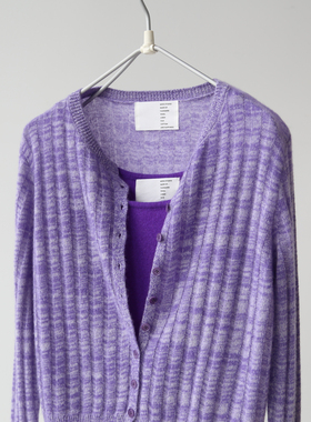 秋冬女士紫色气质显白保暖舒适花纱夹花山羊绒针织开衫毛衣上衣