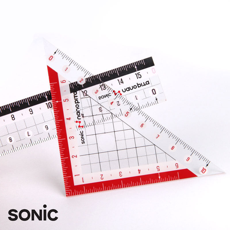 일본의 SONIC 초등학생 눈금자 각도기 삼각형 눈금자 세트 빨간색과 검정색 투명 미끄럼 방지 및 내마모성