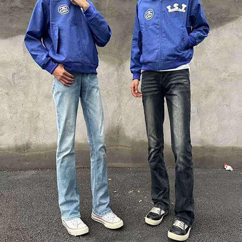 美式vintage复古水洗做旧猫须破洞微喇弹力牛仔裤517风格长裤子男