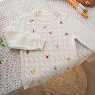 康赛妮女童宝宝100%纯羊绒衫儿童白色毛衣针织衫立体手工小花加厚