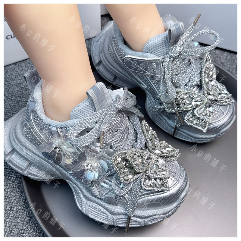 女童鞋子2025新款春秋银色运动鞋儿童水钻公主老爹鞋春季网面透气