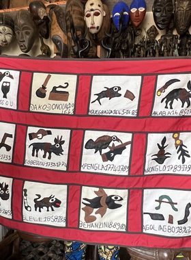 西非贝宁带回孤品手工缝制红色动物拼布挂毯挂布