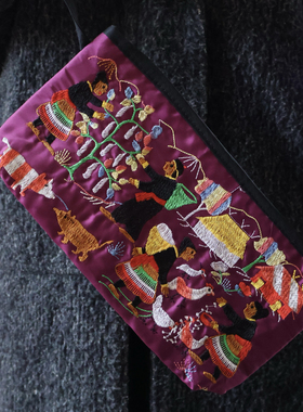 老挝旅行带回孤品手工刺绣当地彩色生活场景紫色手拿包手提包