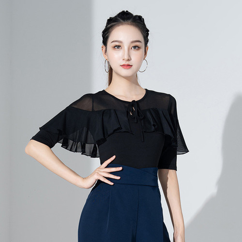 拉丁舞上衣新款舞蹈服荷叶网纱拼接练功服圆领中袖国标舞摩登舞服