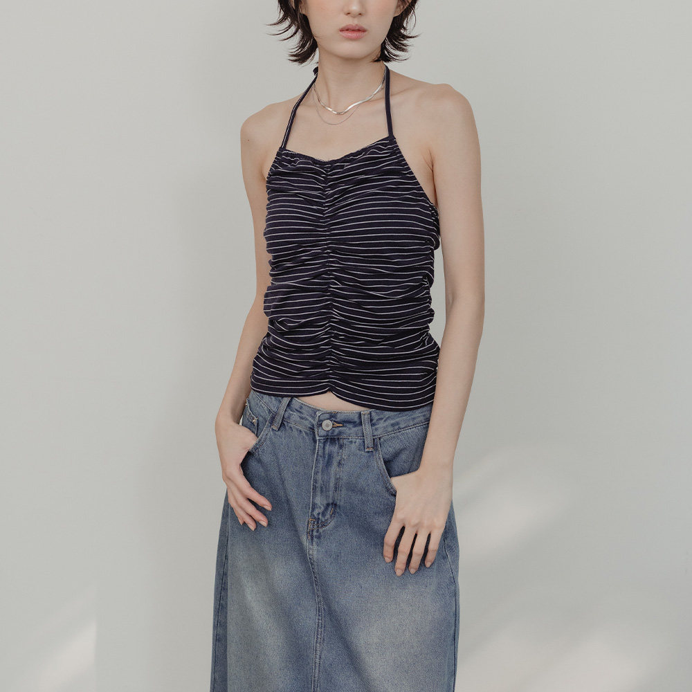 QUEENSHOP2026秋冬新品女条纹皱皱绕脖绑带合身背心-深蓝01099890