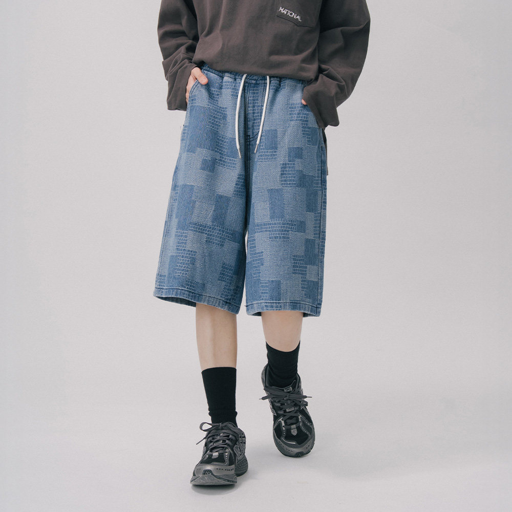 个性拼接抽绳设计牛仔七分短裤