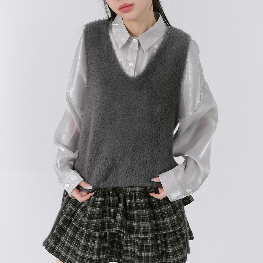 毛感侧绑带造型针织罩衫背心