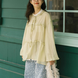 QUEENSHOP 2025秋冬新品女装荷叶领澎袖绑带透纱罩衫外套01099111