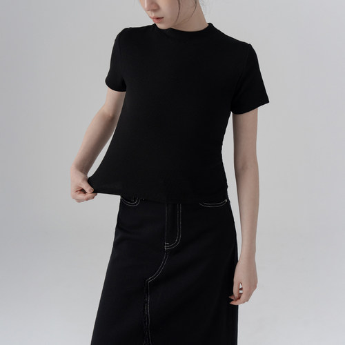 蕾蒂小立领坑条合身短袖上衣