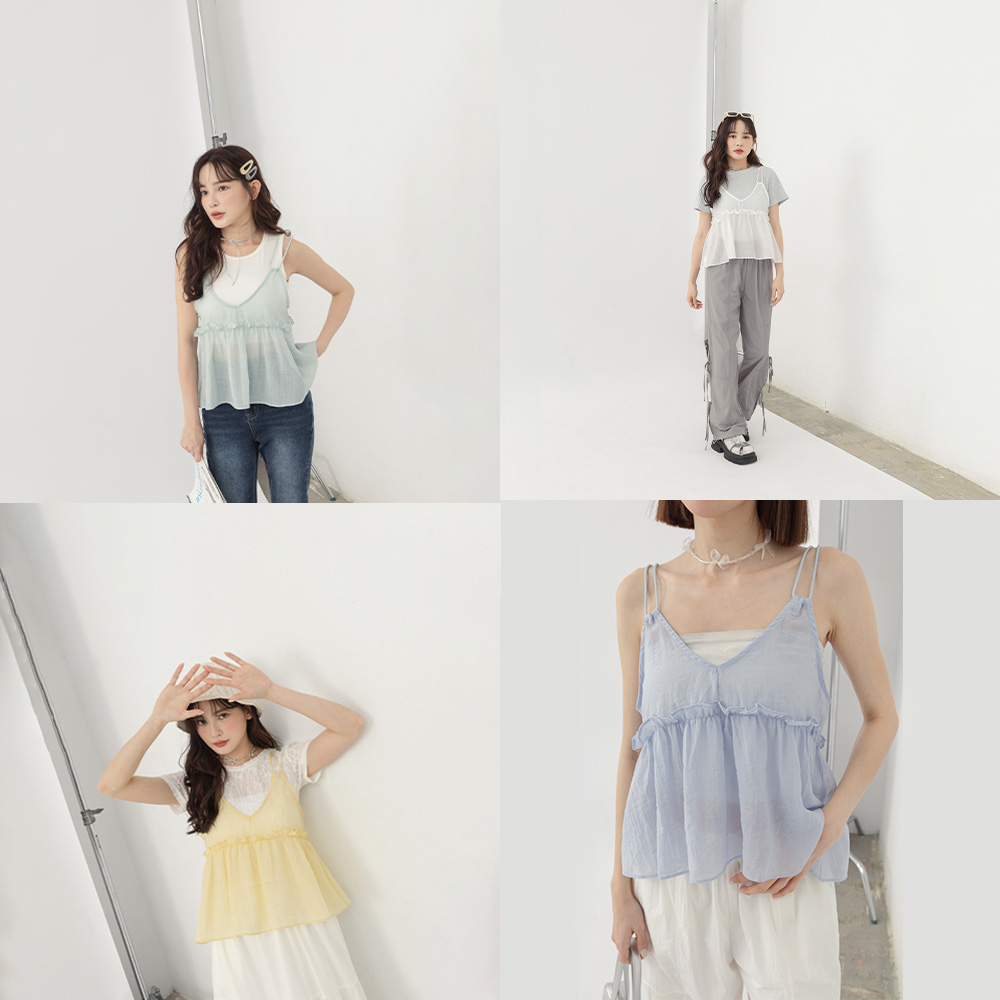 QUEENSHOP 2025春夏新品女装双肩带透肤荷叶罩衫吊带背心01099031