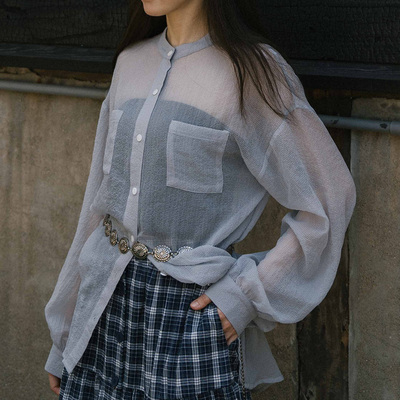 细格纹中山领双口袋透肤衬衫