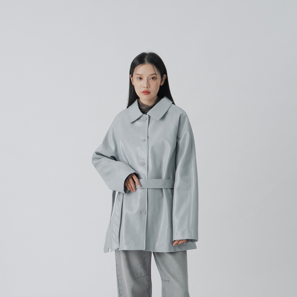 QUEENSHOP 2025秋冬女装蕾蒂质感光泽皮革大衣外套-灰蓝02060137