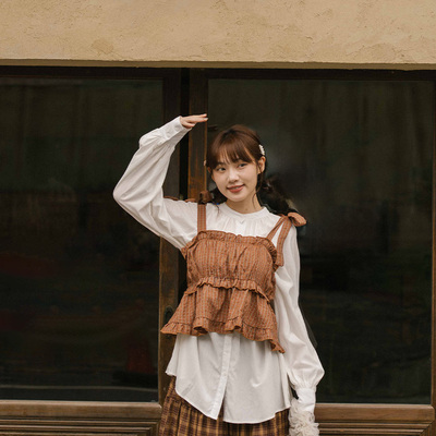 复古格纹荷叶伞摆绑带背心