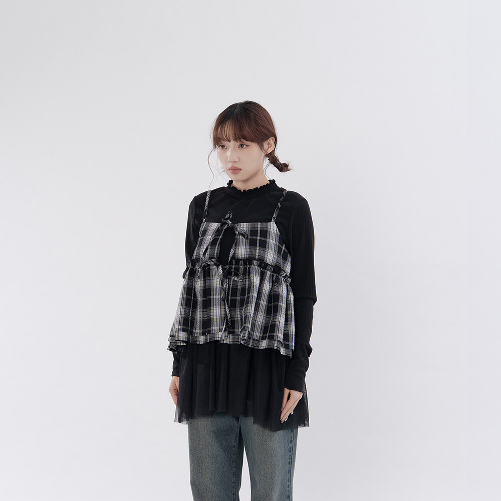 QUEENSHOP 2025秋冬新品女装复古立体泡泡格纹细肩背心