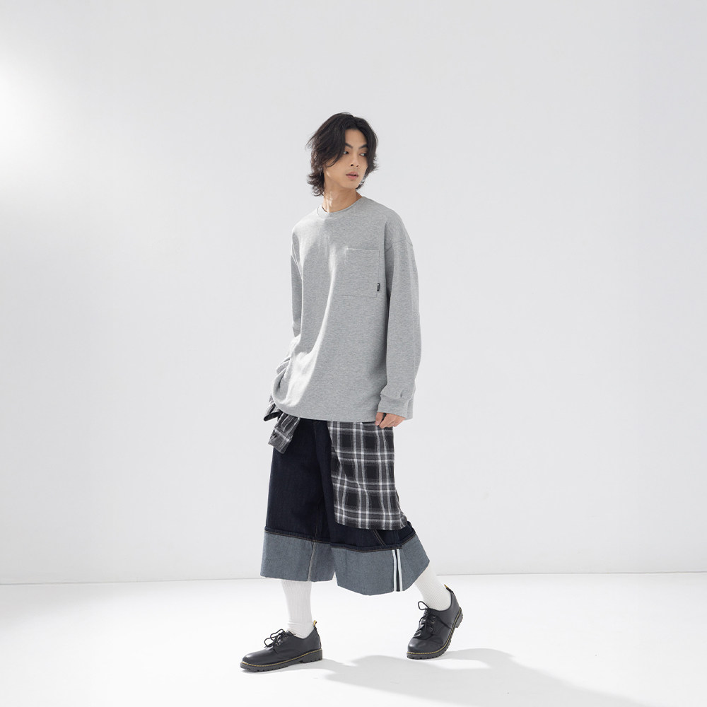 QUEENSHOP 05秋冬新品男装素面单口袋圆领长袖上衣-花灰01099328