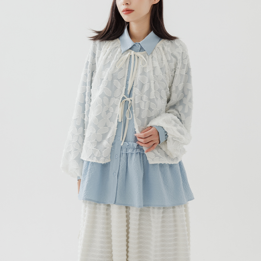 棉花糖缇花澎袖绑带长袖罩衫