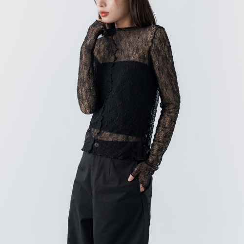 QUEENSHOP 2026春夏新品女装蕾丝透肤木耳边长袖上衣-黑01099498