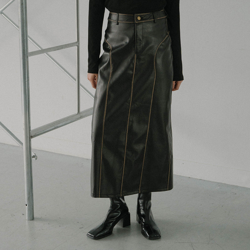 QUEENSHOP2024秋冬女装蕾蒂复古线条剪接后开衩皮革长裙03021518,女装/女士精品,半身裙,淘宝优惠券,粉丝福利购,淘宝优惠卷